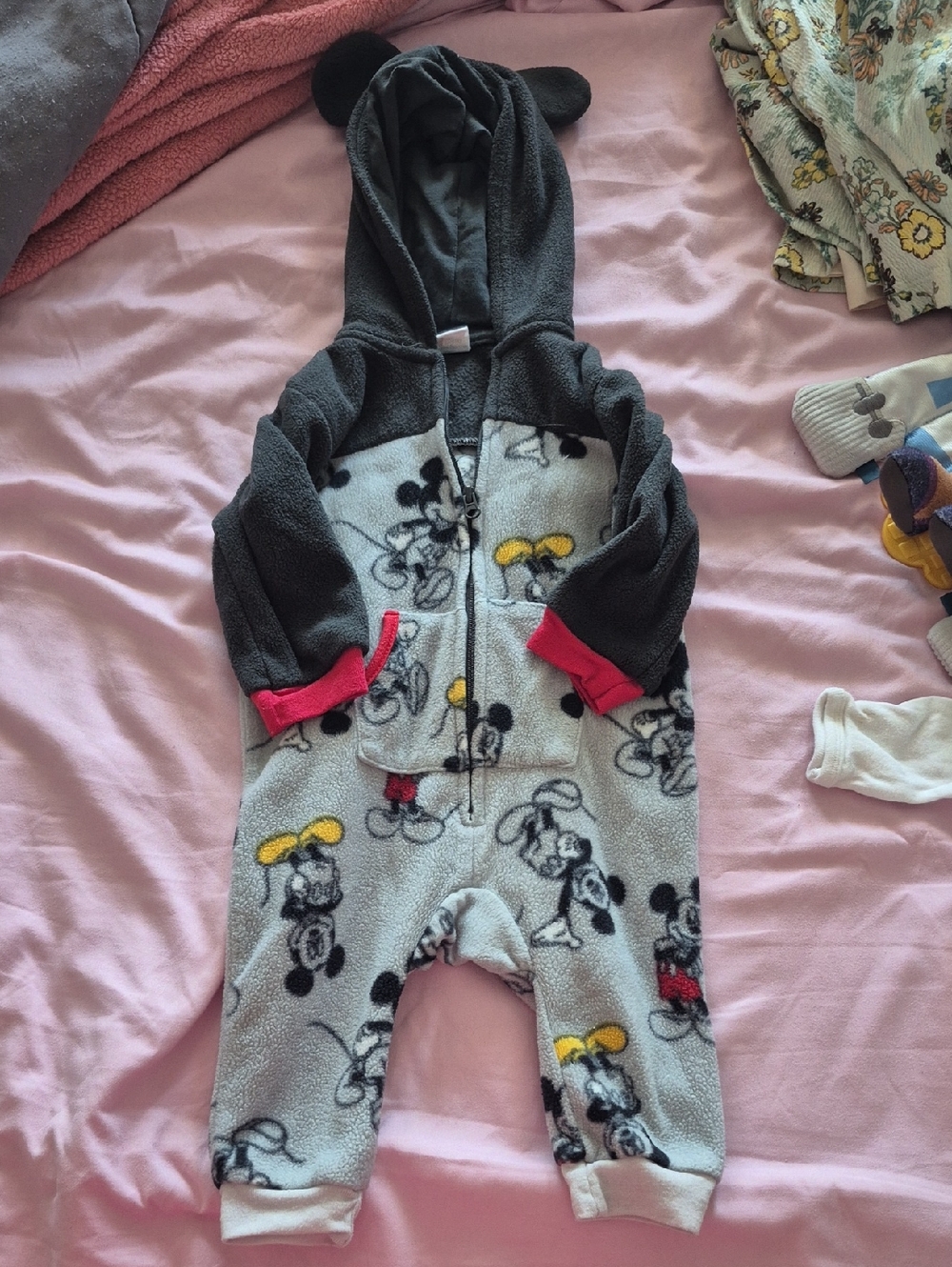 Disney Gray and Black Mickey Mouse Fleece One-Piece Bodysuit